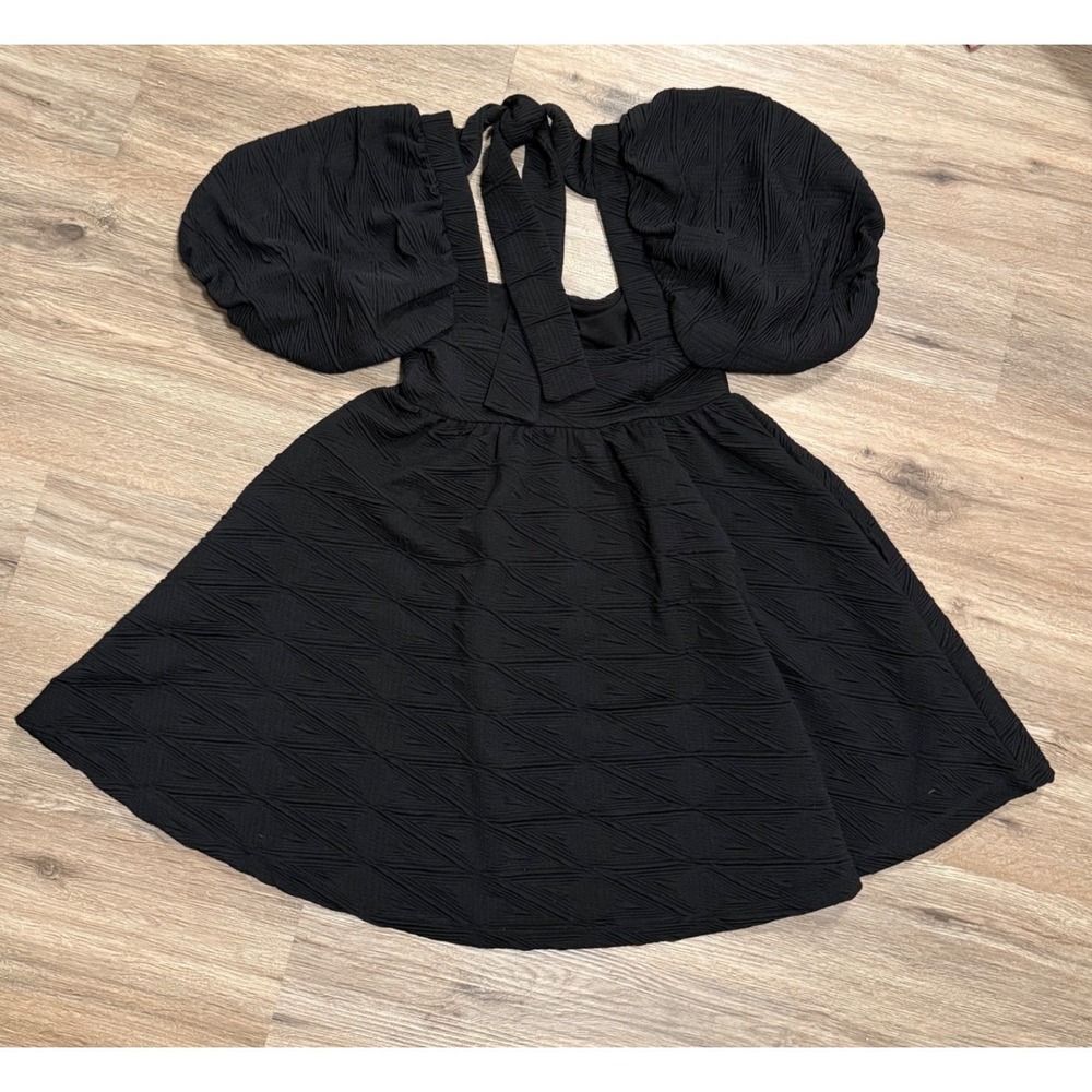 Free People Black Textured Puff Sleeve Babydoll Mini Dress Open Back XS - Picture 2 of 4